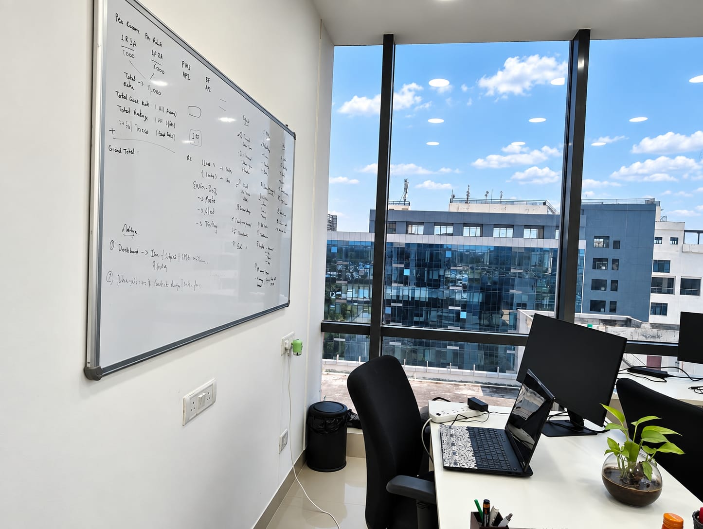 A whiteboard in the Dynoz office worked through in marker, beside the desks and the window.